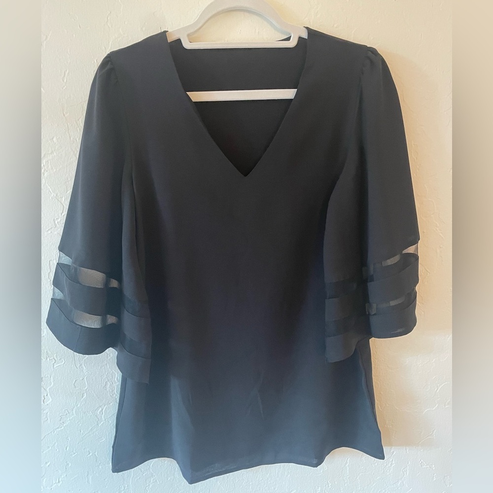 V-Neck Mesh Panel Bell Sleeve Blouse